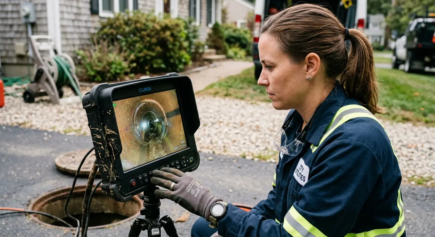 Technician reviewing sewer camera inspection footage in Semmes