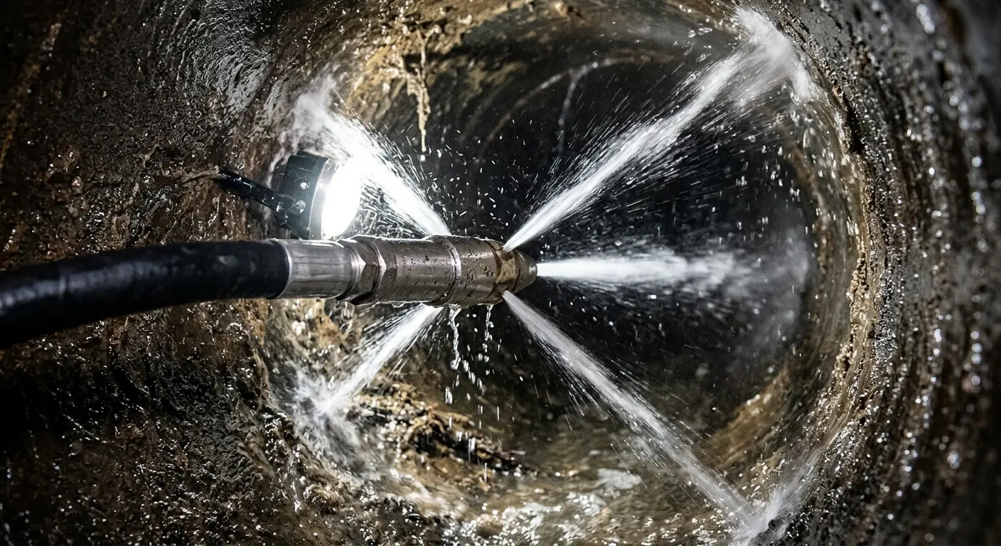 High-pressure hydro jetting nozzle cleaning sewer pipe for Emergency Drain Service in Semmes