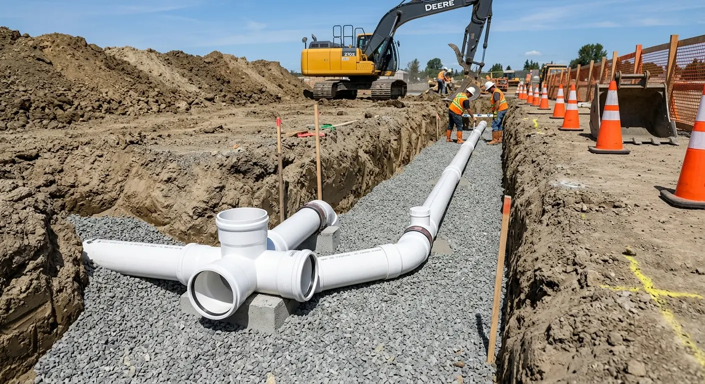 New PVC sewer pipe installation in open trench for Grease Trap Cleaning in Semmes