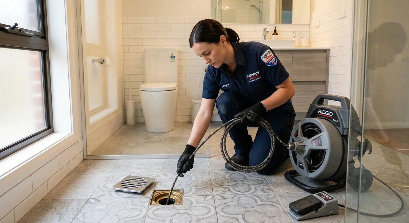 Technician clearing a bathroom floor drain for Hydro Jetting in Semmes